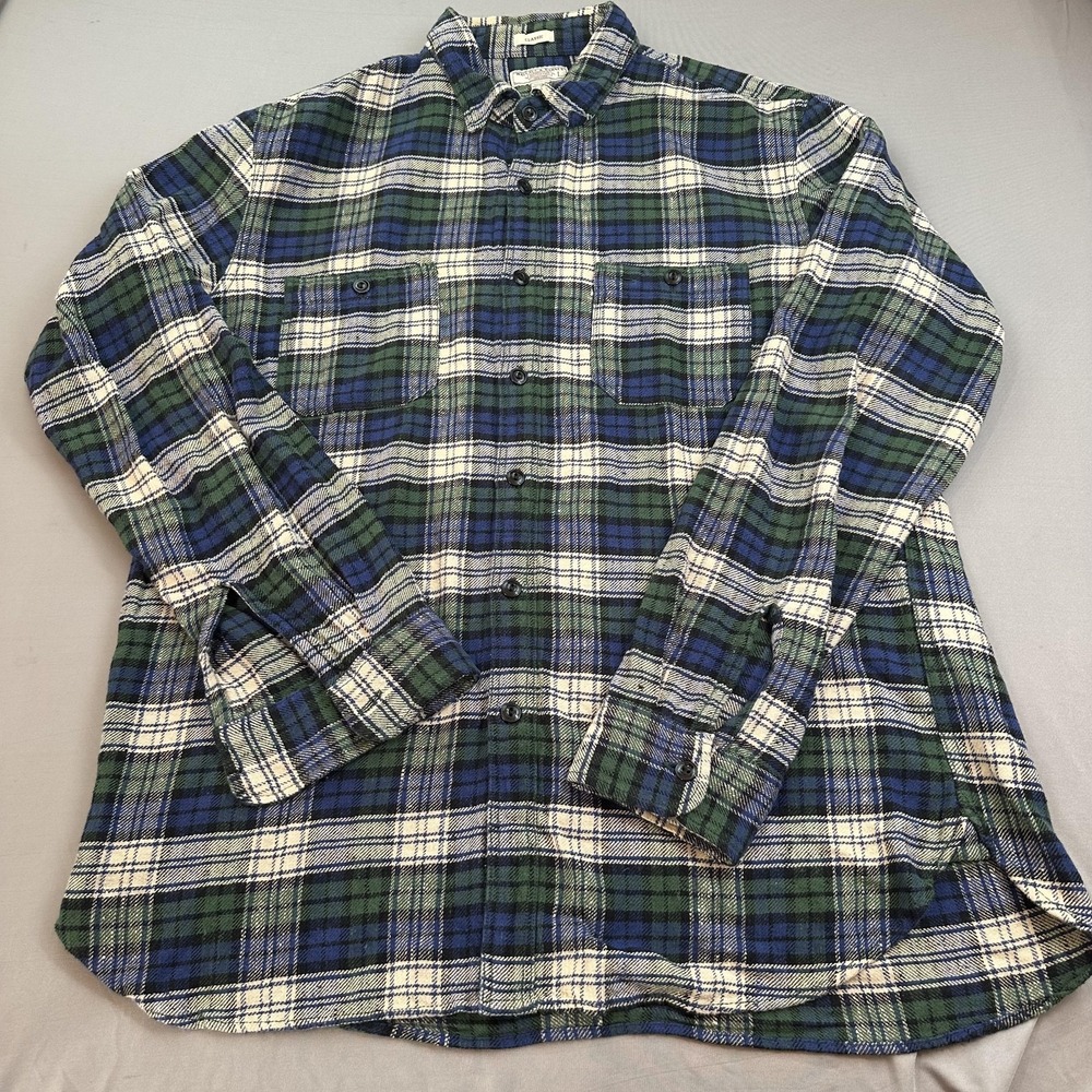 Wallace & Barnes Shirt Mens Large Blue Green Plaid Flannel Classic Fit Outdoor